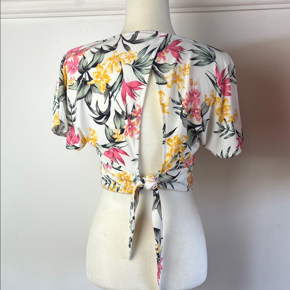Divided Floral V-Neck Crop Wrap Top - Pink, Yellow, Green - Picture 2 of 5